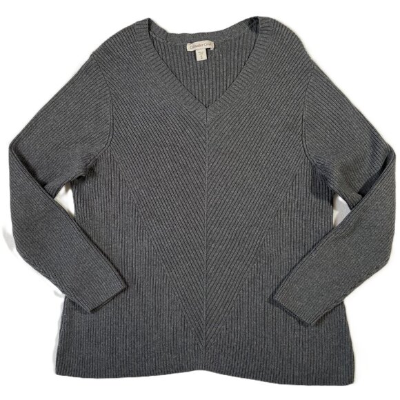 Coldwater Creek Gray Ribbed V Neck Sweater Thick Knit Long Sleeves Size 1x / 18 - Picture 2 of 12